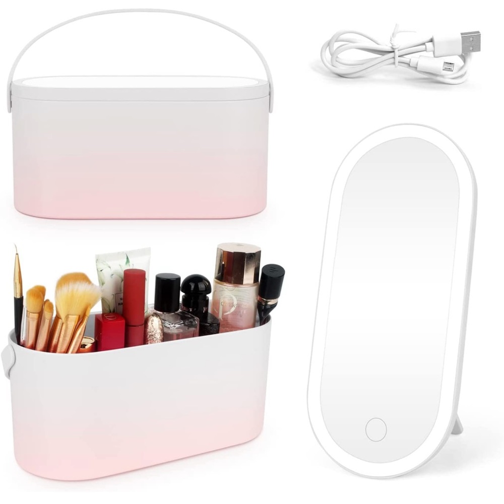 Travel Makeup Box with LED Light Mirror Plastic Cosmetic Case  (Gradient Pink)